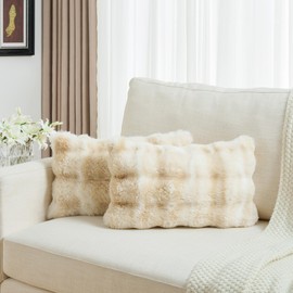 FUTEI Beige White Decorative Throw Pillow Covers 12x20 Inch Set of 2,Soft Fuzzy Faux Rabbit Fur Pillow Case with Raised Texture,Neutral Boho Home Decor for Couch Bed Living Room