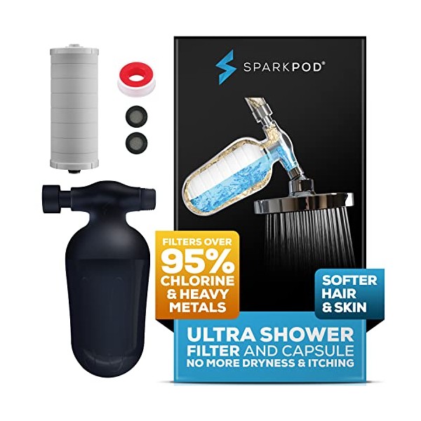SparkPod Ultra Shower Filter- Shower Head Water Filter & Cartridge- 150 Stage Equivalent, Removes Up To 95% of Chlorine, Heavy Metals for Soft Hair and Skin (Midnight Black Matte)
