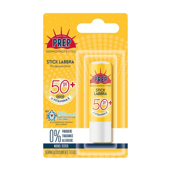 Prep, Lip Stick Sun Protection SPF50+, Lip Balm with Biodegradable Formula Dermatologically Tested for Sensitive Skin, with Vitamin E, No Parabens, Fragrances or Allergens, Nickel Tested