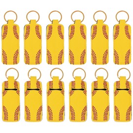 Honbay 12PCS Softball Pattern Chapstick Holder Keychain Lip Balm Holder Lipgloss Holder Lipstick Holder Clip-on Sleeve Pouch for Travle or Daily Outing for Women and Girls Handbags Backpacks, Yellow
