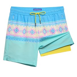 maamgic 7 Inch Mens Swim Trunks with Compression Liner Board Shorts with Zippered Pocket Bathing Suit for Beach Vacation Blue Geometric Pattern X-Small