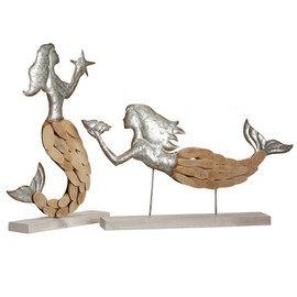 Contemporary Home Living Set of 2 Wood and Metal Mermaid Figurines, 16"