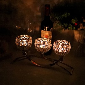 OwnMy 3 Arms Crystal Candle Holders Bowls Tealight Candelabra - Votive Candle Holder Ornaments Candlesticks Vase Candle Stand Candle Centerpieces for Dining Table Home Decor Wedding Christmas (Silver)