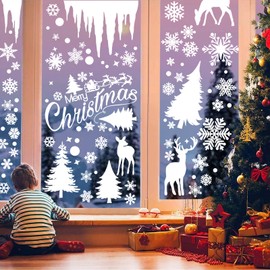 KIPTVO 300PCS Christmas Window Stickers, Static Window Clings, Snow and Santa Claus Flakes Stickers Christmas Window, PVC Xmas Decals Decorations, for Winter Party Supplies Office Home
