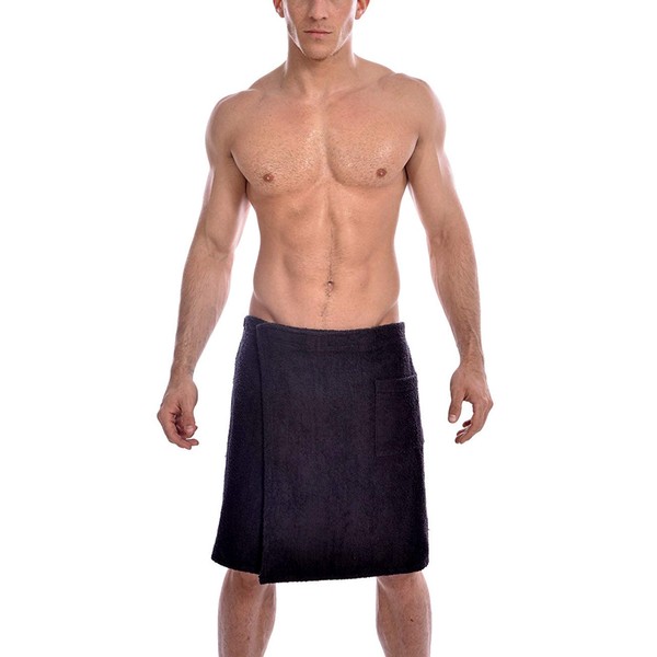 Gary Majdell Sport Men's Soft Cotton Knit Terry Cloth Spa and Bath Towel Wrap with Pocket, Black