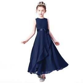 Little Juniors Girl Long Bridesmaid Dress Wedding Flower Girls Formal Pageant Party Dresses Chiffon Sleeveless Navy Blue 10