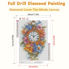 DOMROM Flowers Diamond Art Kits for Adults, 5D Clock Diamond Painting Kits for Beginners, Full Drill Diamond Art Diamond Gem Diamond Painting Kits Arts Craft for Home Wall Decor 12x16Inch