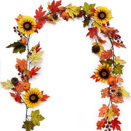 OrgMemory Autumn Decoration, 180 cm with Sunflowers, Pine Cones, Pumpkin, Berries, Autumn Garland, Autumn Decorations for Home, Wedding, Party, Background, Fireplace, Thanksgiving