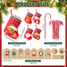 CroBlissful 122 Pieces Christmas Stockings Gift Set for Classroom Small Hanging Stockings Bulk Santa Snowman with Candy Cane Pens Gift Tags for Students Coworkers Teachers Party Favors(Plaid Style)
