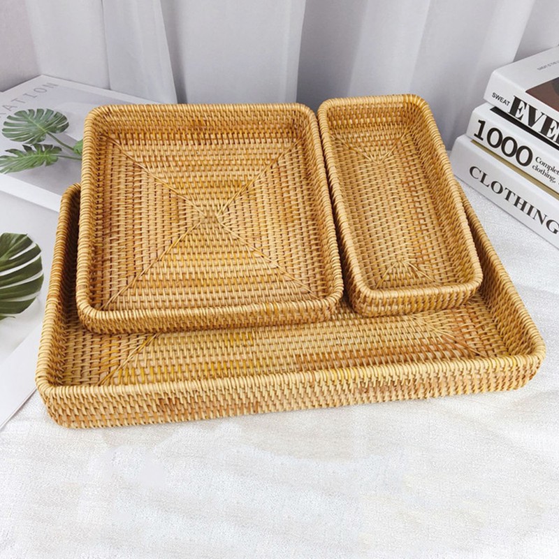 Rattan Tray Tabletop Organization Hand Woven Snack Storage Basket Multifunctional