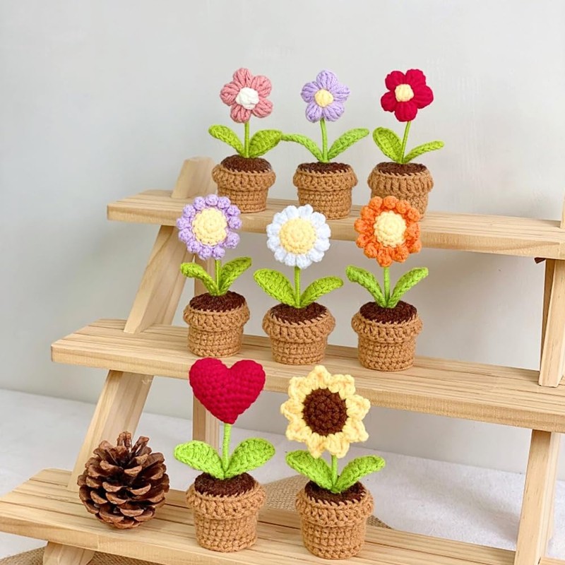 Lutoku Cute Knitted Flower Plant, Kawaii Handmade Crochet Flowers,Small Potted