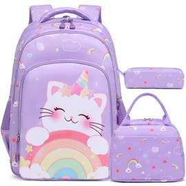 Unicorn Backpack Set for Girls, 3 in 1 Purple School Bookbag with Lunch Bag Pencil Case for Elementary School, Large Capacity Girls Boys Backapck with Chest Strap for Kids
