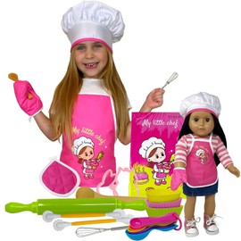 Kids Baking Set with Apron, My Lil Chef Hat for Dress Up, Oven Mitt, Kid’s Easy Bake Recipe Book, & Cooking Toys, | Mini 18 Inch Doll Apron Set Included | Girls Baker Outfit & Kitchen Toys for 3+