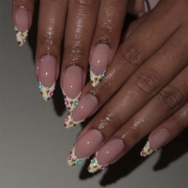 24pcs White French Tip Press On Nails Colorful Gem Medium Almond Fake Nails With 3D Star Rhinestone Design Stick On Nails Natural Full Coverage Acrylic Nails for Women DIY Summer Manicure Decoration