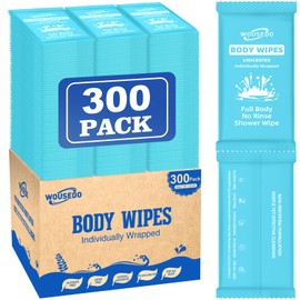 300 Pcs Ultra Thick Soft Large Body Wipes Individually Wrapped(7.87" x 9.45"),Shower Wipes for Adults Bathing No Rinse,Personal Cleansing Wipes for Travel Gym,Bulk Deodorant for Homeless(Blue)