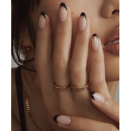 Press on Nails Medium Almond, LY LANYOS Acrylic Nails Press on Fake Nails with Glue,Gel Acrylic False Nail for Women Girls in 24 PCS (Black)