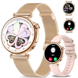 Smart Watch for Women, Answer/Make Call 1.27" Small Smartwatch Compatible Android/iOS Phone with Fitness Tracker/Step Counter/Heart Rate/Sleep Monitor, 120+Sports & IP68 Waterproof, Gold 2 Bands