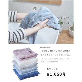 watawa Imabari Towel, Handkerchief, Set of 3, Hand Towels, No Ironing, Fluffy, Soft, Terry Cloth, Simple, Plain, Water Absorbent, Cotton, Sweet Twist, Small, 9.8 inches (25 cm) (3 Hand Towels, Blue)