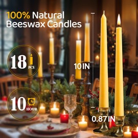 10 in Beeswax Taper Candles,18 Pack Dripless Pure Beeswax Candle Sticks,9-10 Hours Long Burning Natural Bees Wax Candles for Home,Unscented Smokeless Tapered Candlesticks for Dinner