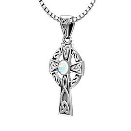 US Jewels Ladies 925 Sterling Silver Synthetic Opal October Birthstone Jewish 23mm Celtic Knot Cross Pendant 1.5mm Box Necklace, 20in