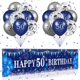 Blue 50th Birthday Decorations for Men Navy Blue Silver Happy 50th Birthday Yard Banner and Blue 50th Birthday Balloons for Indoor Outdoor Men Women 50th Birthday Party Supplies