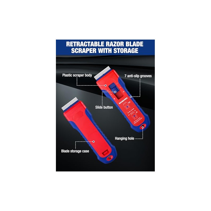 WORKPRO Retractable Razor Blade Scraper with 56 Blades, Built-in Storage