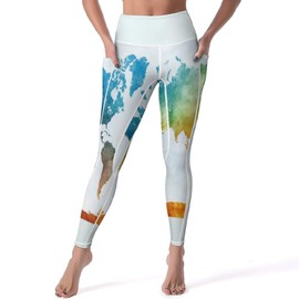 Xmkltbz Women Stretchy Soft High Waist Leggings, Long Tummy Control Yoga Pants, Workout Athletic Tights with Pockets (S) Print World Map in Watercolor Painting Abstract Splatters