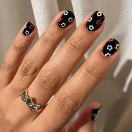 Lifextol Press on Nails Short Round Fake Nails with Colorful Spring Flowers Black Stick on Nails press ons with Adhesive Tabs, 24pc Extra Short Black Press on Nails Natural Fit for Women Girls