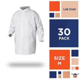 EZGOODZ Disposable SF Lab Coats. Pack of 30 White Medium Polypropylene 40 gsm Work Gowns with Waterproof Microporous Film, Hook & Loop Fasteners, Elastic Wrists. Unisex PPE Robes in Bulk.