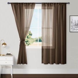 Hiasan Brown Sheer Curtains for Bedroom with Tiebacks, Lightweight Airy Breathable Voile Drapes Light Filtering Rod Pocket Window Curtains for Living Room, Nursery, W52 x L72, 2 Soft Panels