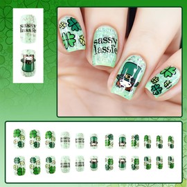 Light Green Press on Nails Medium Square Fake Nails St. Patrick's Day Nails with Clover Design Acrylic Glossy Full Cover False Nails Artificial Stick on Nails Glue on Nails for Women & Girls 24 Pcs
