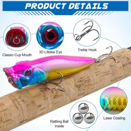 Popper Lure Topwater Fishing Lures, 8pcs Popper Fishing Lures Kit Crankbait Jerkbaits Hard Bait Bass Lures Pencil Artificial Bait Swimbait Set with Treble Hook for Pike Bass Trout Catfish Redfish