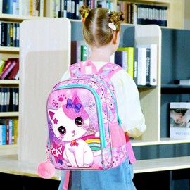 gxtvo 3PCS Girls Cat Backpack, 16" Kids Bookbag with Lunch Box, Water Resistant Elementary School Bag for Prechool Toddler