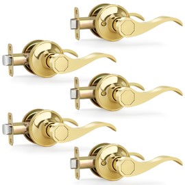 Moquin 5 Pack Wholesale Polished Brass Door Lever, Wave Design Passage Door Lever Without Keys and Lock, Reversible Door Handle for Right/Left Side for Closet/Hallway Door Lock