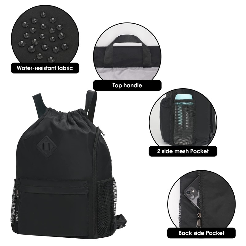 WANDF Drawstring Backpack Sports Gym Bag with Shoes Compartment, Water-Resistant