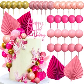 JeVenis 32 bolas rosas decoración de pasteles decoración de pasteles hojas rosadas hojas de palma decoración de pasteles decoración de pasteles para bodas cumpleaños despedida de soltera