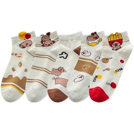 Angelteers 5 Pairs Cute Cartoon Animals Thin Cotton No Show Socks for Women Teen (US, Alpha, One Size, Regular, Regular, Capybara)