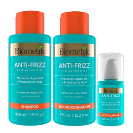 Biometik, Kit Anti-frizz, Shampoo, Acondicionador y Aceite Capilar, Elimina el Frizz, Desenredo Inmediato y Máxima Hidratación, Rellena las Puntas para un Cabello más Largo sin Puntas Abiertas con Morrocan Argán Oíl y Proteínas de Seda, 3 pz