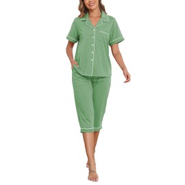 CF 100% Cotton Capri Pajamas Set Womens Button Down Sleepwear Short Sleeve Lounge Sets 2 Piece PJ Sets with Top & Capri Pants(Sage Green,M)