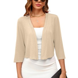 Ylhystrical Women's 3/4 Sleeve Thin Shrugs for Dresses Khaki Heather Large Open Front Knit Lightweight Coat Cropped Tops Shawls and Wraps Cardigan Dressy Sweater Clothes