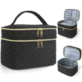 Apxouans Travel Makeup Bag for Women Double Layer Large Cosmetic Case Water-resistant Toiletry Bag Organizer for Store Toiletries Cosmetic Accessories and Manicure Sets Black