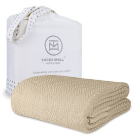 Threadmill Luxury Cotton Blankets for Queen Size Bed | All-Season 100% Cotton Queen Size Blanket | Herringbone Cozy Lightweight, Soft Breathable Fall Thermal Blanket fits Full Size Bed, 90x92 | Beige
