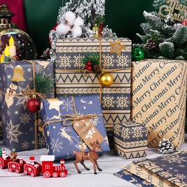 Christmas Wrapping Paper, 8 Sheets Christmas Paper Set with Stickers Pendant and Bow (Navy Blue)