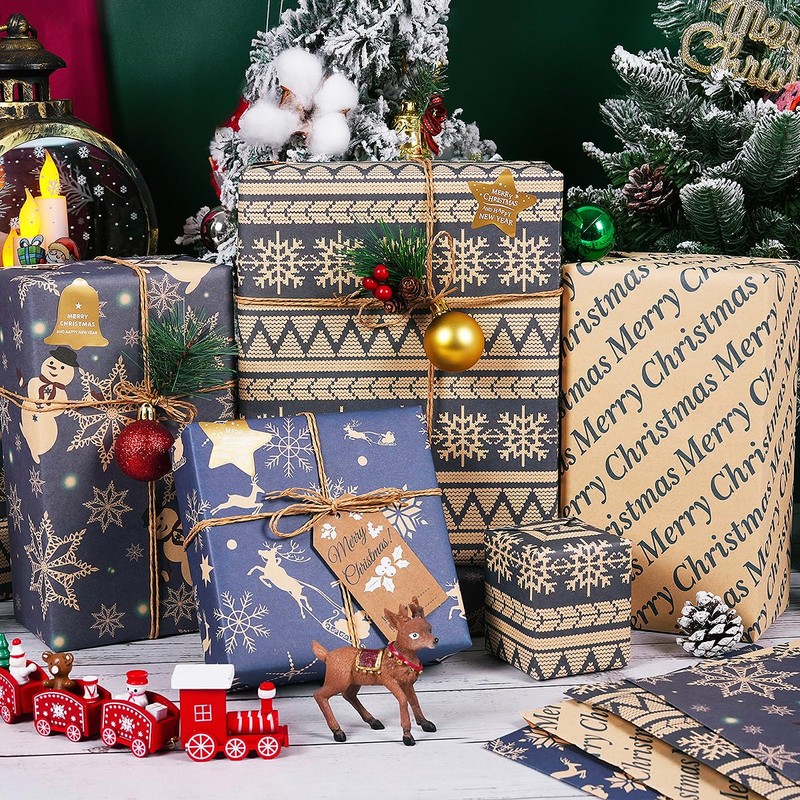 Christmas Wrapping Paper, 8 Sheets Christmas Paper Set with Stickers