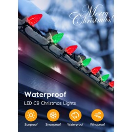 C9 LED Christmas Lights Outdoor, 68 Ft 100 LED C9 String Lights with 100 All in One Clips, Connectable Waterproof Christmas Tree Lights for Outside Roofline Backyard Garden Decor, Red & Green