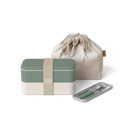 monbento - Natural Lunchbox Set - Mit Bento Box MB Original mit Fächern Made in France, Besteck-Set MB Slim Box, Bento Tasche MB Pochette M Cream - BPA Frei - Lebensmittelecht - Grün