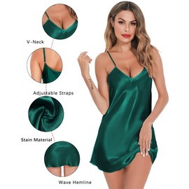 Lovasy Satin Nightdress Women's Negligee Sexy Black Short Chemise Spaghetti Straps Babydoll V Neck Sleepwear Sleepwear Underdress Night Dress, Y-dark green