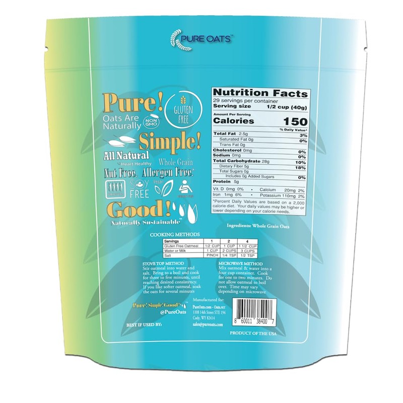 PureOats Gluten Free Rolled Oats, Whole Grain, 41 oz Bag