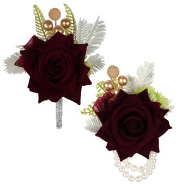 INSUNSIX 2PCS Burgundy Corsage and Boutonniere Set, Rose Wrist Corsage for Brides Corsage Wristlet for Prom Decor, Groom Boutonniere Set for Men Wedding Anniversary Flowers Party Suit Decoration (Red)