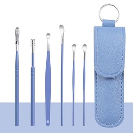 6-in-1 Stainless Steel Ear Wax Removal Kit with Leather Storage Bag – Reusable Ear Cleaning Tools for Personal and Household Use – Safe (Blue, one Size)